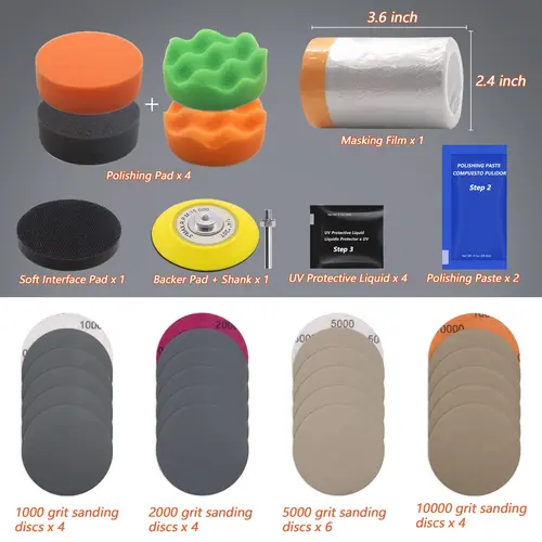 Imagen 2 del producto Kit de restauración de faros de coche de 3 pulgadas con esponja para pulir taladro, almohadillas de pulido, limpiador y restaurador de lentes de faros, 37 Uds.