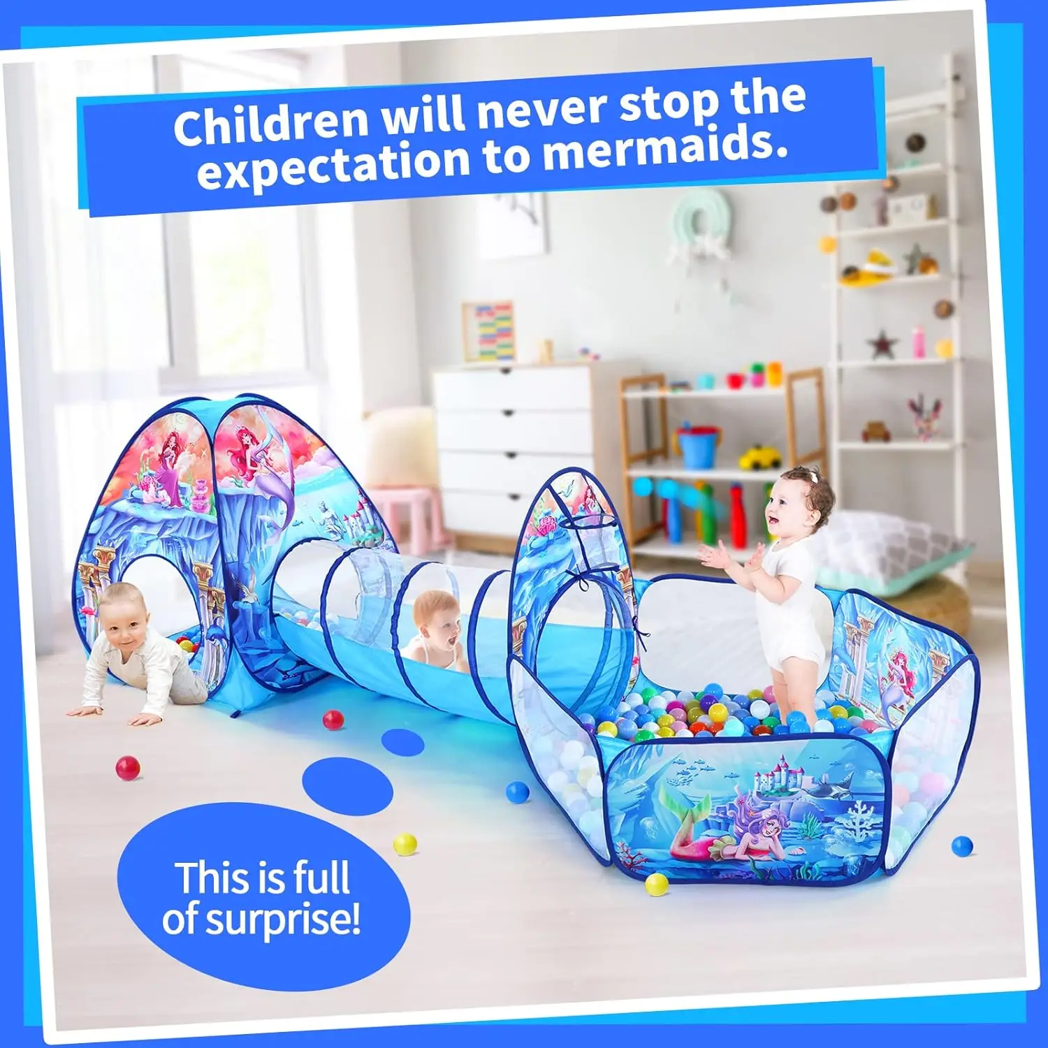 3 in 1 Kids Mermaid Play Tent for Toddler with Baby Ball Pit and Play Tunnel, Children Indoor Outdoor Playhouse with Crawling Tu