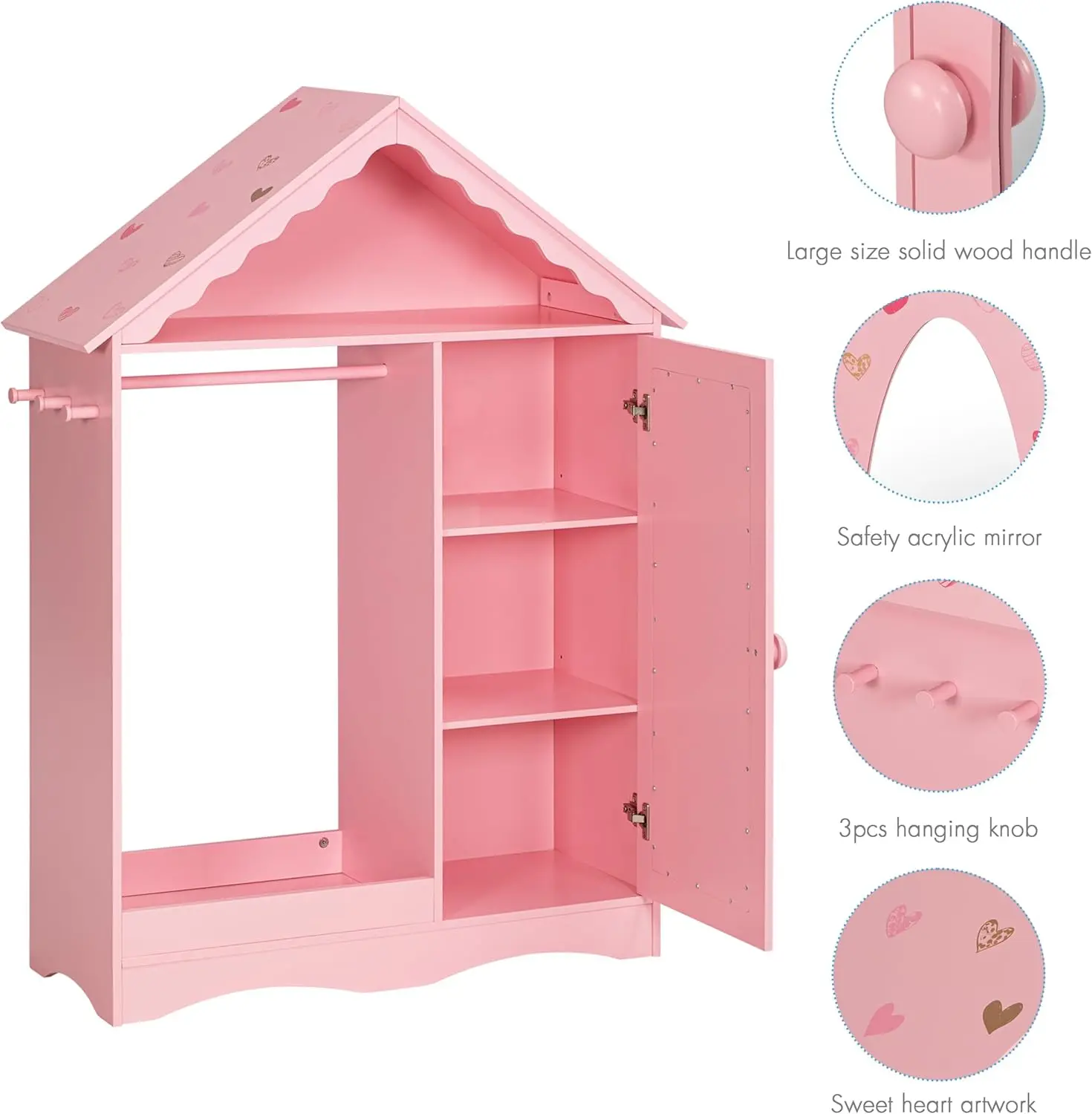 Kids Dress Up Storage with Mirror, Kids Wardrobe Closet, Dress Up Armoire for Little Girls, Open Hanging Costume Organizer with