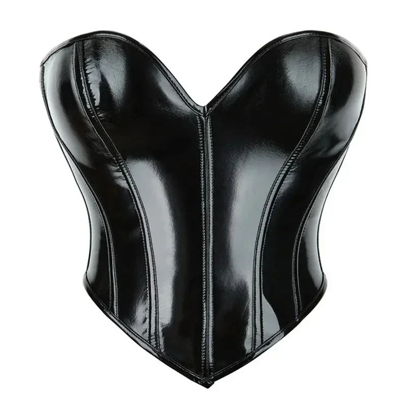 Brown Solid Shiny PVC Corset Crop Top Body Shaper Women Strapless Lace Up Gothic Bustiers Female Push Up Corselet Tube Top Vest