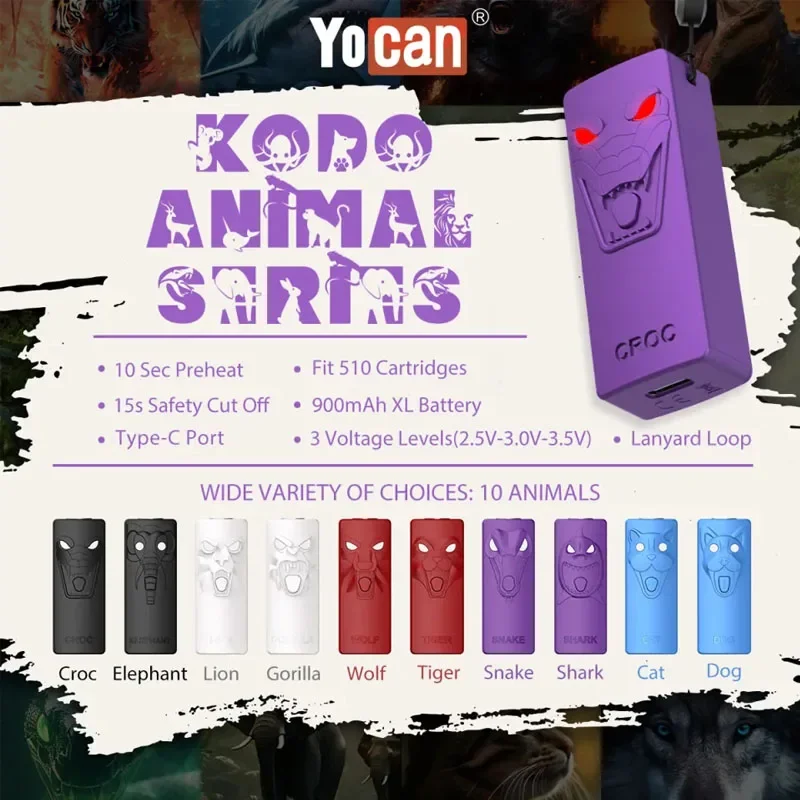 

Бокс-мод Yocan Kodo в виде животных, 900 мАч, перезаряжаемая батарея, регулируемая настройка напряжения, светодиодный индикатор, 510 нитей, предварительный нагрев, вейп, 5 шт./партия