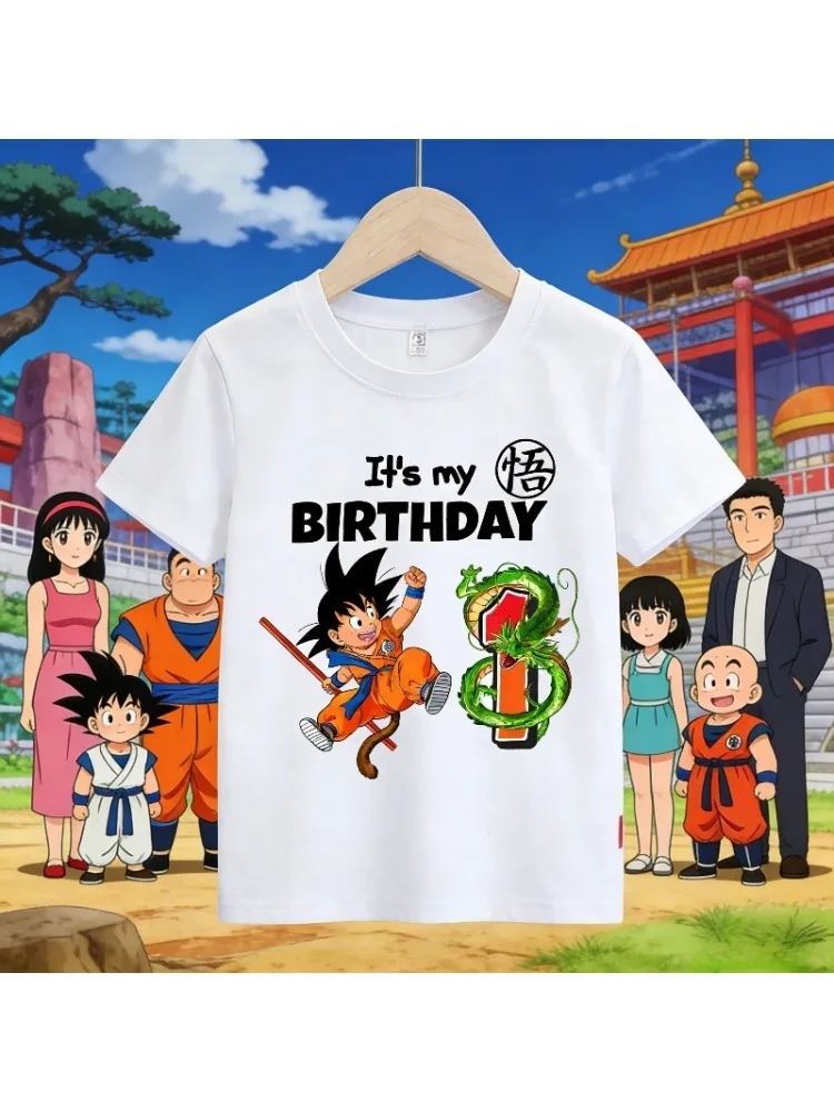 Dragon Ball Goku T-Shirt aus Baumwolle für Kinder Geburtstag Figuren-T-Shirt Jungen Mädchen Kleidung Anime Kurzarm Kinder Weiß Locker Geschenk