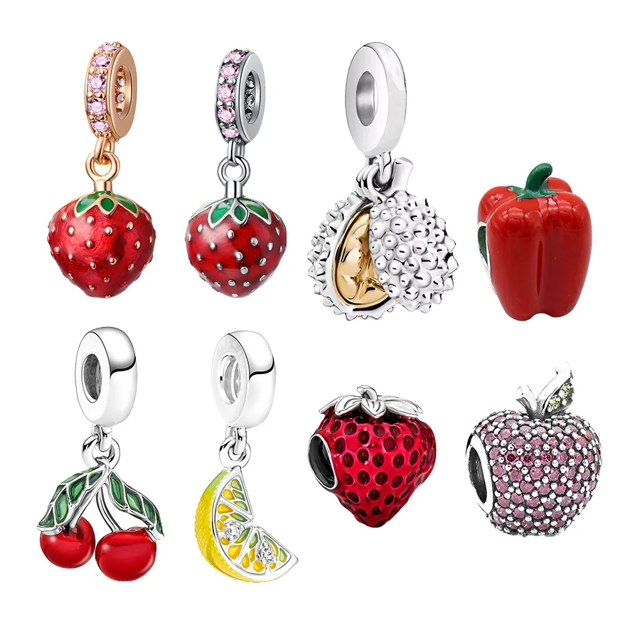 Fruit Series Strawberry， Cherry，Lemon & Durian Dangle Charm Bead Fit Original European 925 Sterling Silver Bracelet Jewelry Gift