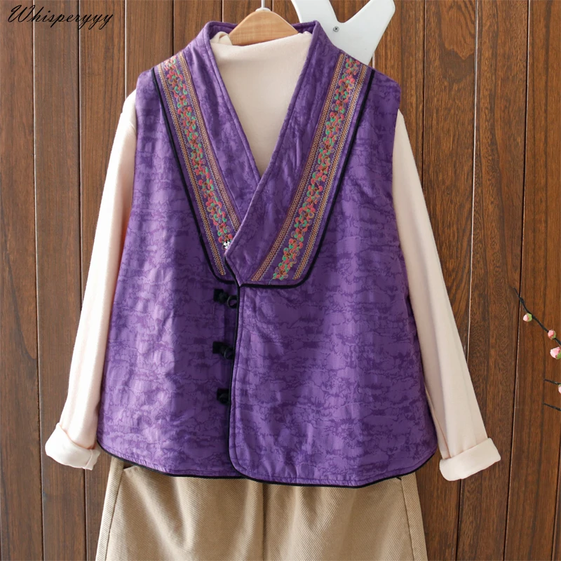 

Retro Embroidered Cotton Linen Vest Women Winter Short Ethnic Style Padded Waistcoat Chinese Style Sleeveless Coat Traditional