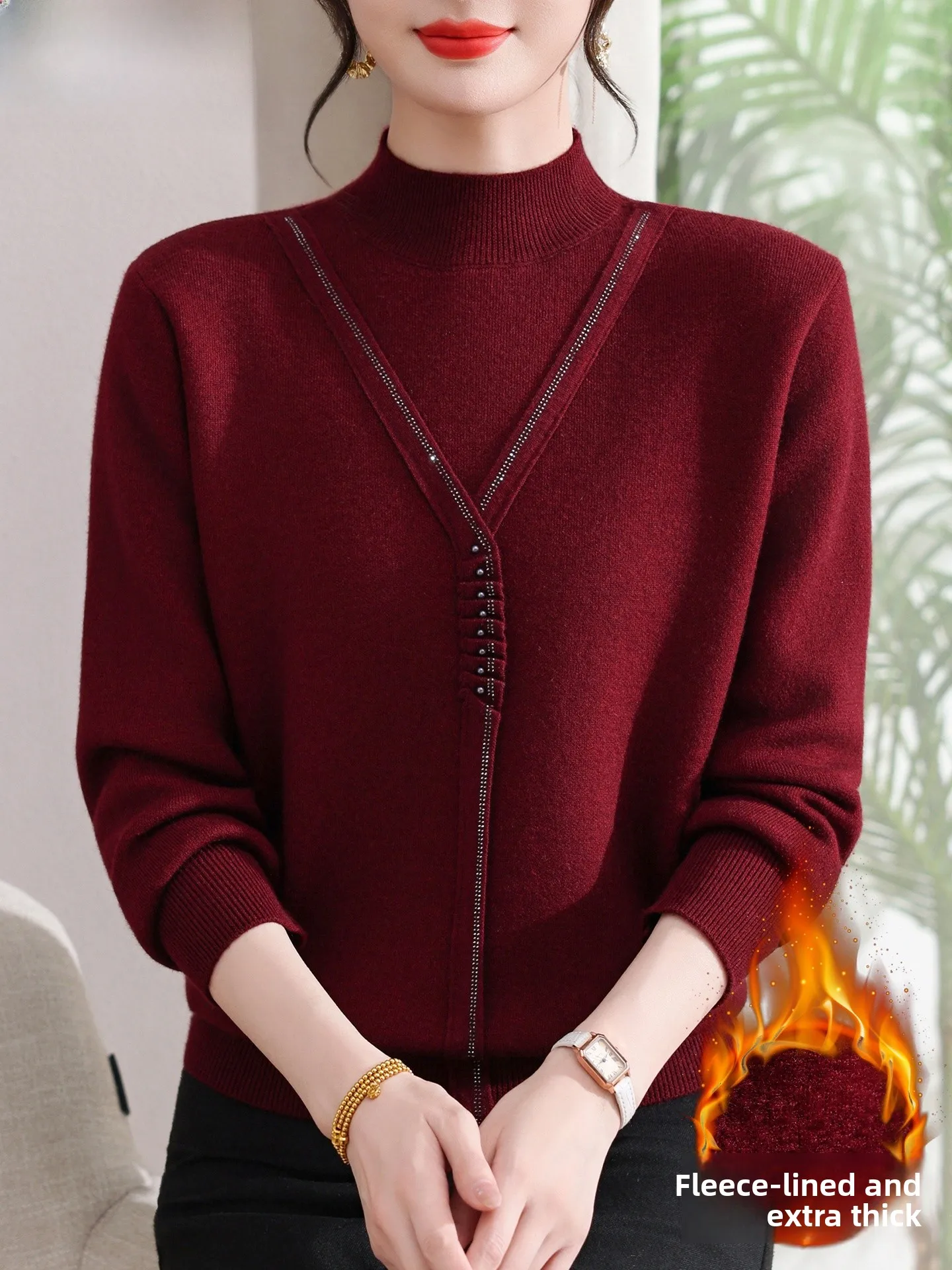 

Lucky Year Mom Winter Sweater Thickened Fleece Knitted Sweater Fashionable Mid-aged Women's Clothing Wedding Banquet Outfit