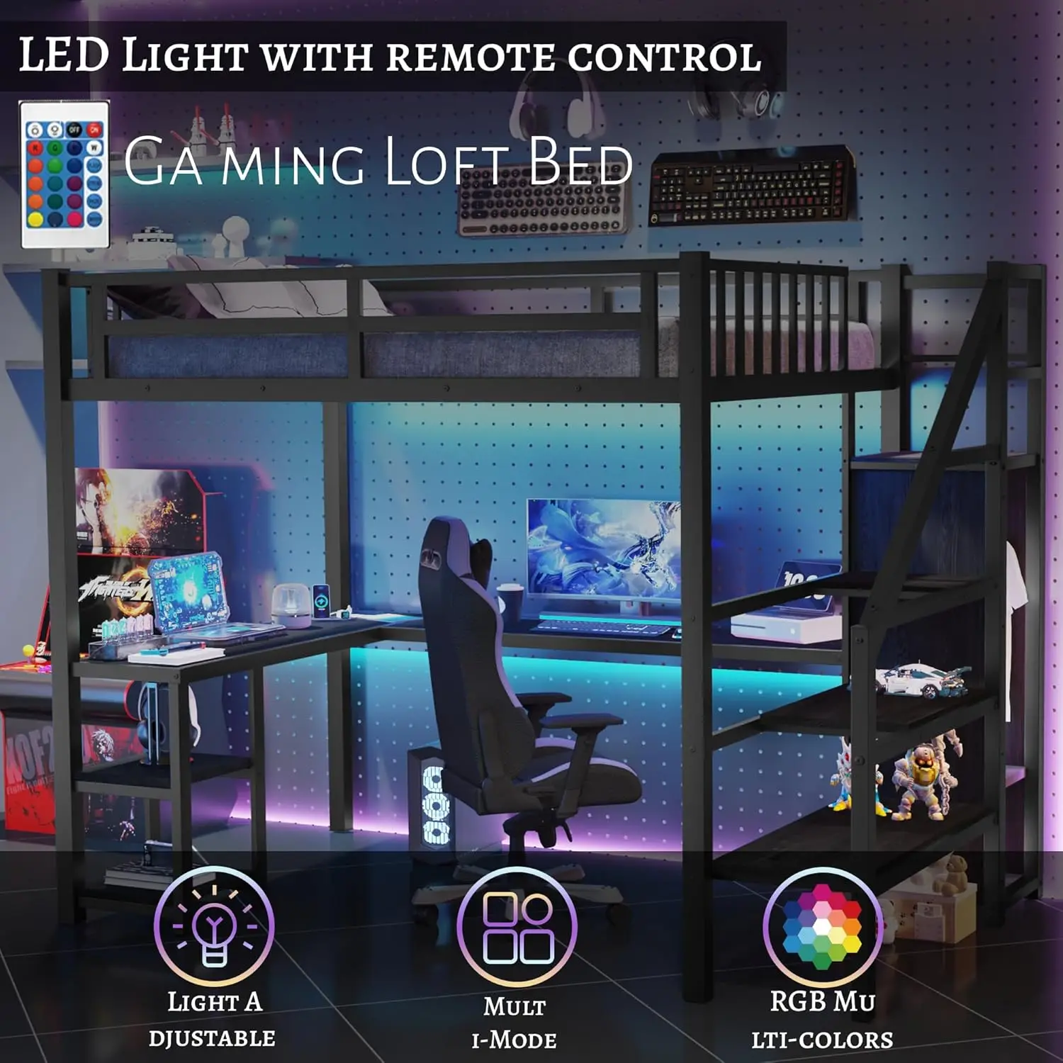 Lit loft pleine grandeur avec bureau et escaliers de rangement, cadre de lit loft complet en métal avec armoire et étagère, lit loft haut avec lumière LED