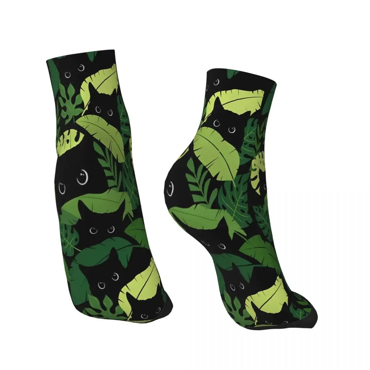 Black Cats Peeking From Tropical Leaves Floral Ankle Socks Male Mens Women Summer Stockings Hip Hop