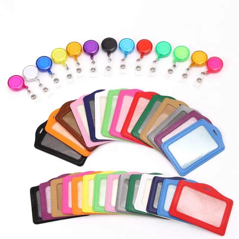 Imitation Leather Retractable Badge Reel ID Card Cover Case Man Woman PU Leather Transparent Horizontal Vertical Card Holders