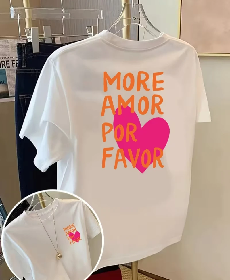 More Amor Por Favor Print T-shirt Bold Spanish Quote & Heart Graphic Short Sleeve Tops Spring Summer Daily Casual Couple Tee
