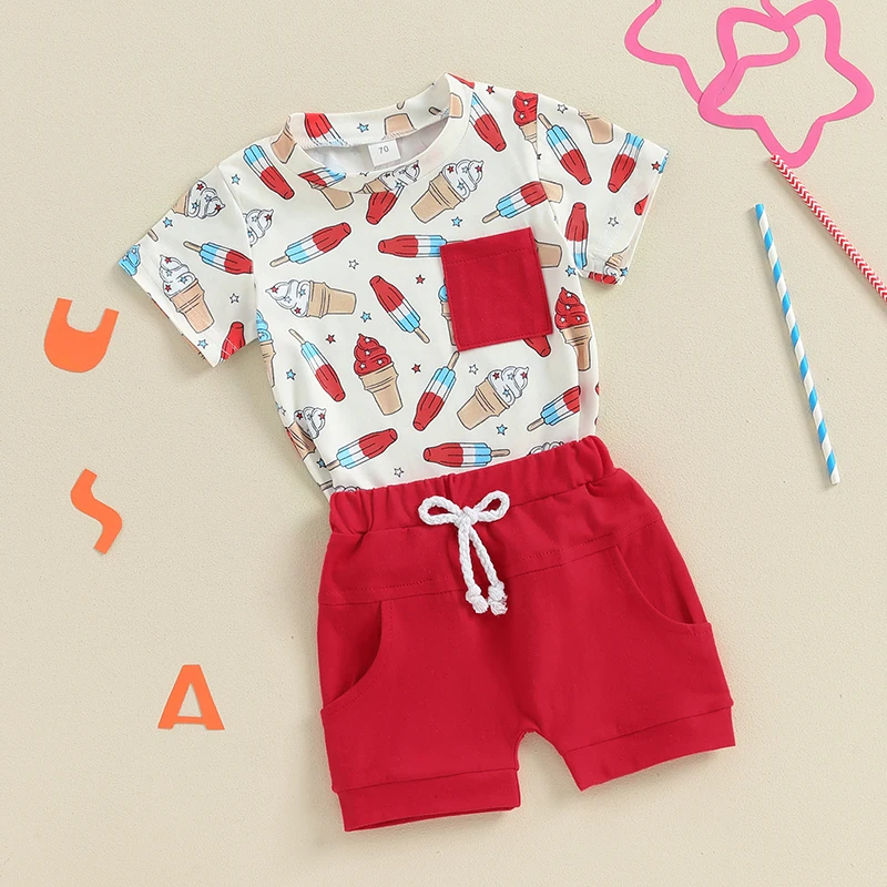 4th of July Baby Boy Outfit Popsicle Print Short Sleeve T Shirt Star Print Elastic Waist Shorts Cute Clothes Set