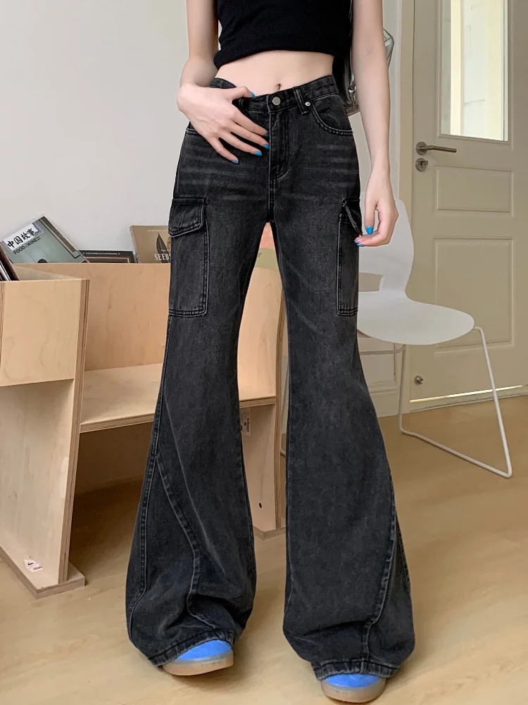 2024 Cyber Y2K Streetwear Washed Black Flare Cargo Jeans Pants For Women 90S Vintage Clothes Multi Pockets Cotton Lady Trousers