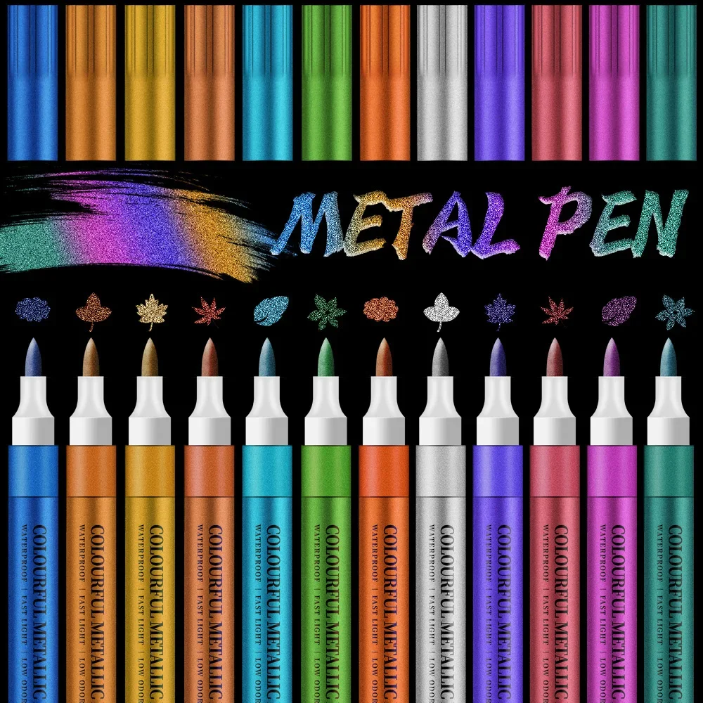 12 Colors Metallic Markers Pens Silver Gold Paint Pens for Black Paper, Glass, Rock Painting, Halloween Pumpkin Scrapbook Album