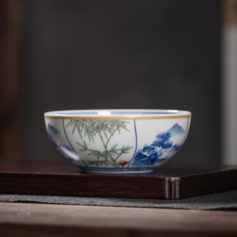 Kiln Jingdezhen Tea Set Inner Painting Tea Cup Kombucha Master Cup Blue and Whitelandscape Window Pine, Bamboo, Wintersweet Flow