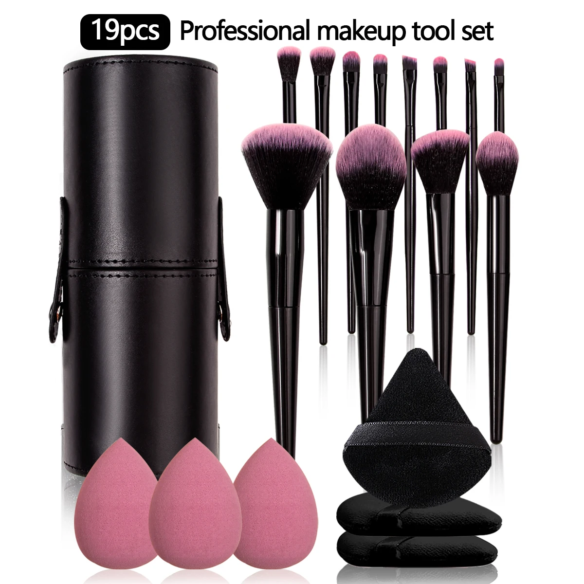 19PCS set of 12 makeup brush sets +3pcs triangular powder puff +3pcs non-powder makeup egg +1pcs makeup brush storage bucket