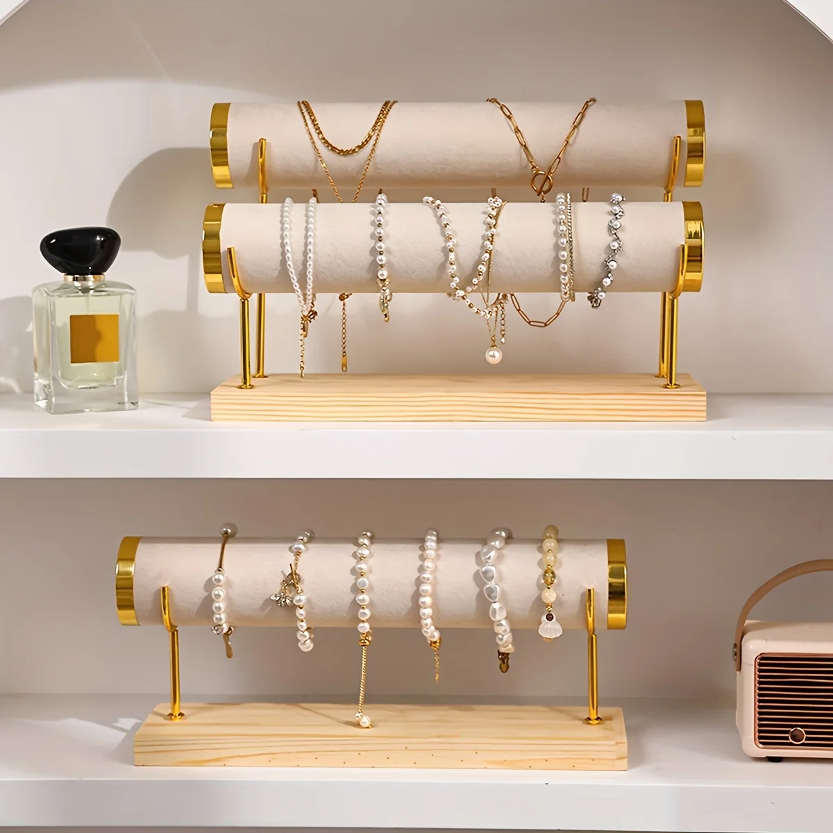Gold Rim Velvet Bracelet Display Stand, Multi-Tier Wooden Base Jewelry Holder for Bangles Necklaces - view 6