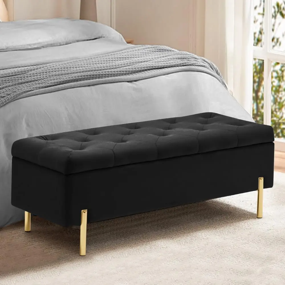 Velvet Tufted Storage Ottoman Bench, Bedroom Living Room Entryway Accent Seat, 45.6 Inch, Black, Customized