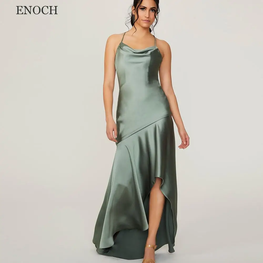 

ENOCH Chic V-Neck Satin Bridesmaid Dresses Side Slit Ruffles Sleeveless Party Dresses Custom Made Vestidos De Fiesta Open Back