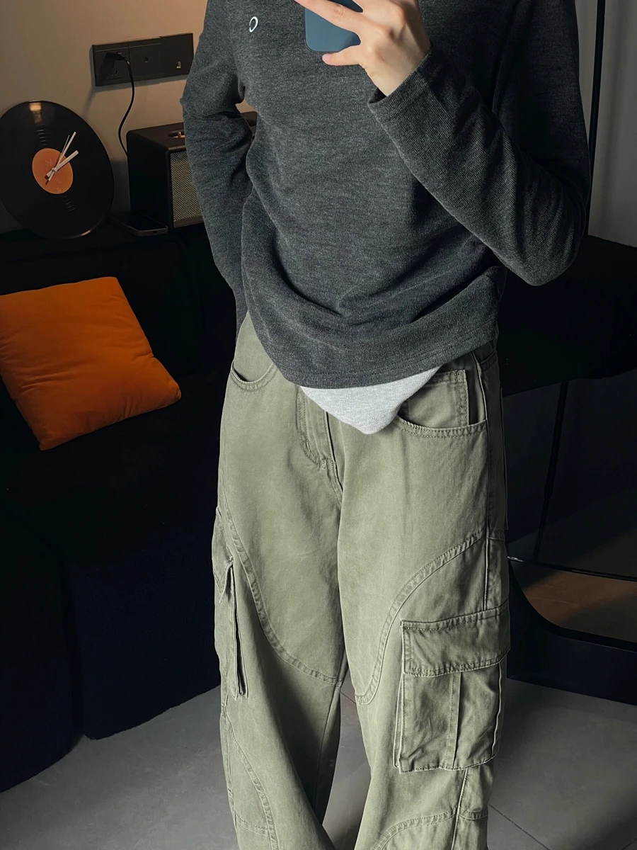 بنطلونات عمل عسكرية خضراء كبيرة الحجم من American High Street للنساء فضفاضة وواسعة الساق جينز غير رسمي بخصر عالٍ وقصة مستقيمة