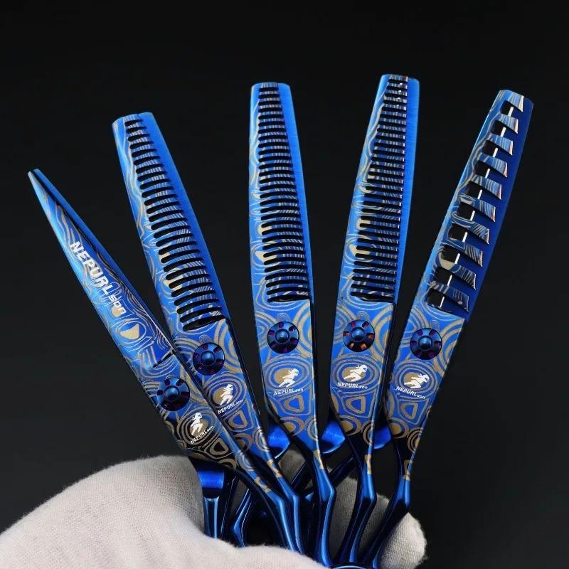 6.0-inch blue damascus-patterned hair scissors with multiple teeth available. Made of high-quality steel,  sharp durable