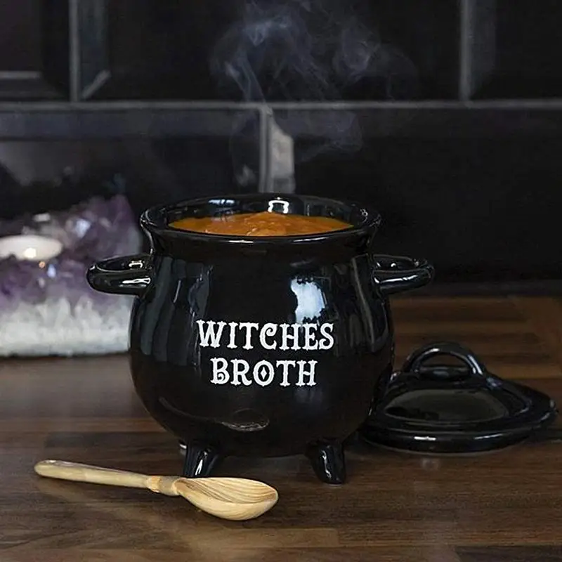 Witch Cauldron Halloween Ceramic Stew Crock With Spoon Black Soup Dipping Bowl For Family Gatherings Halloween Parties Tea