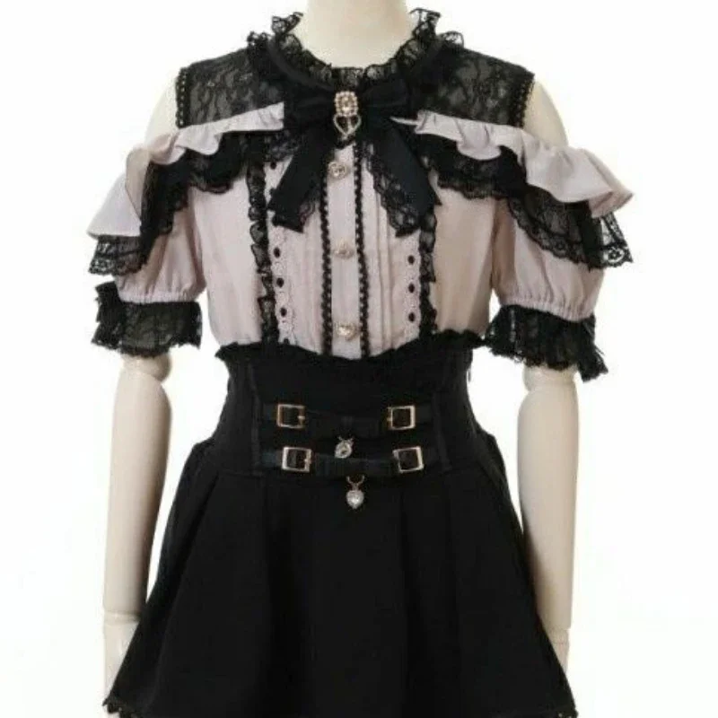 Japanische Lolita Spitze Patchwork Bluse Frauen Harajuku Off Schulter Sexy Nette Shirts Girly Jk Kawaii Bogen Süße Camisas Blusas