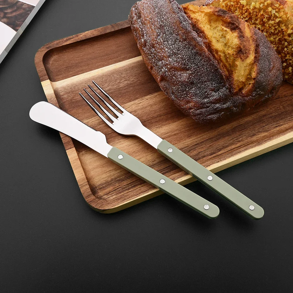 طقم أدوات مائدة من الفولاذ المقاوم للصدأ ، مقبض ABS ، زخرفة المسامير ، طقم عشاء ، شوكة خضراء ، سكين ، ملعقة ، أدوات طعام غربية ، أدوات مائدة للمطبخ