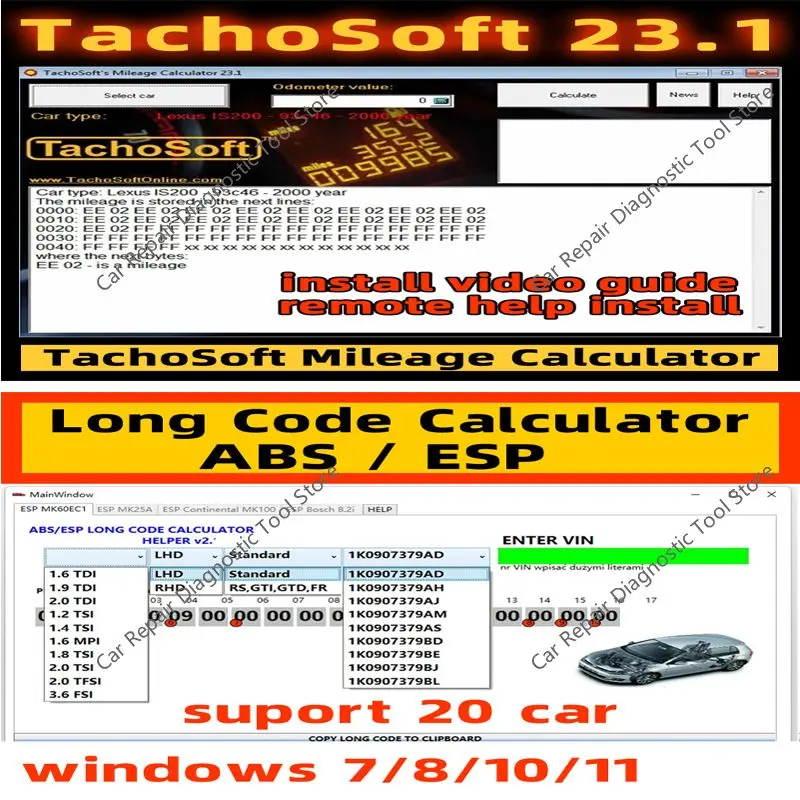 VW ABS ESP Long Code Calculator Software + TachoSoft Mileage Calculator 23.1 With License Digital Odometer Calculators Software