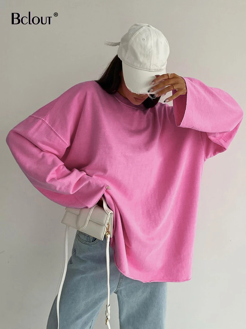 

Bclout Autumn Knitted Pink Hoodies Women 2023 Fashion O-Neck Long Sleeve Loose Tops Streetwears Pullovers Solid Thin Sweatshirt