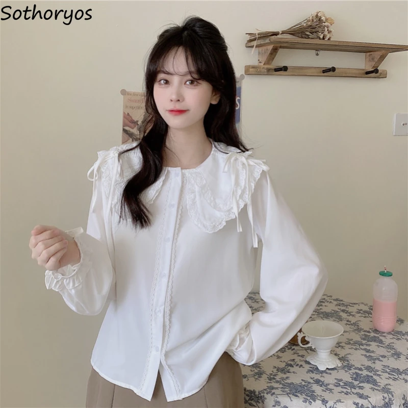 

Shirts Women Solid Sweet Peter Pan Collar Tender Preppy Style Girlish All-match Spring Korean Fashion Aesthetic Camisas De Mujer