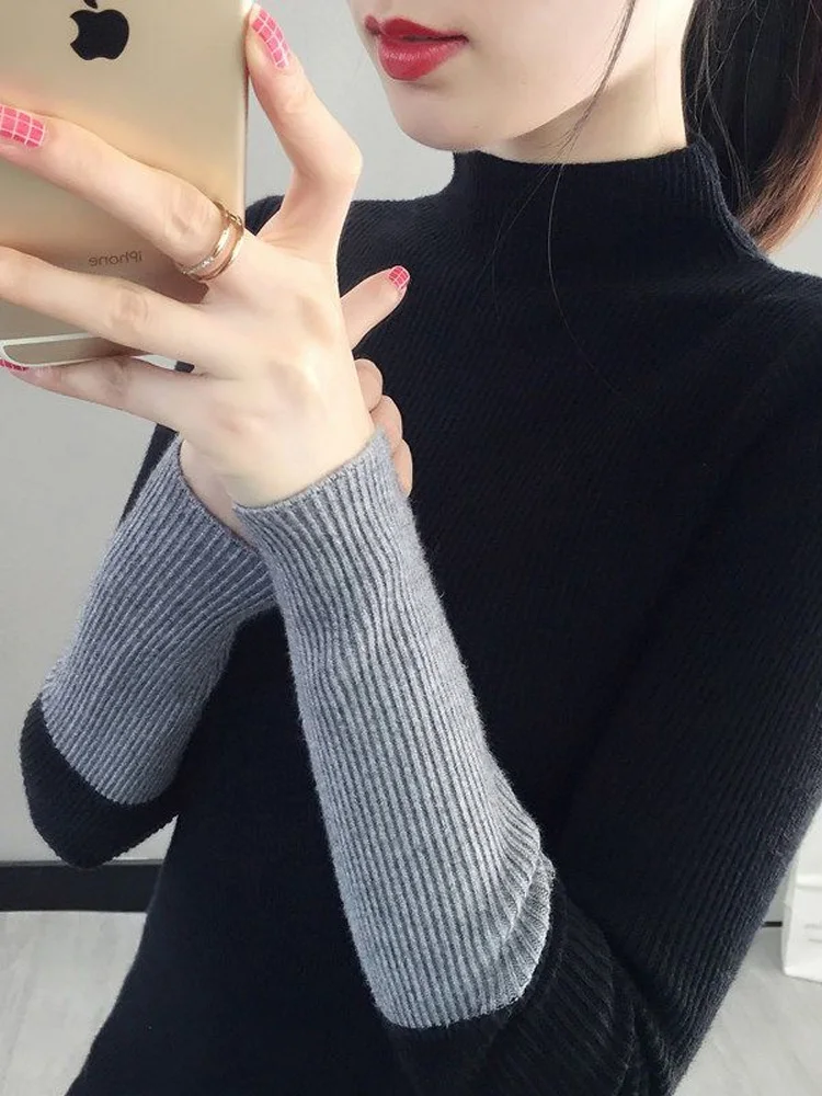 2022 Mock Neck Color Blocking Knitting Sweaters Interior Lapping Slim Bottoming Shirt Classic Long Sleeve Korean Lady Top