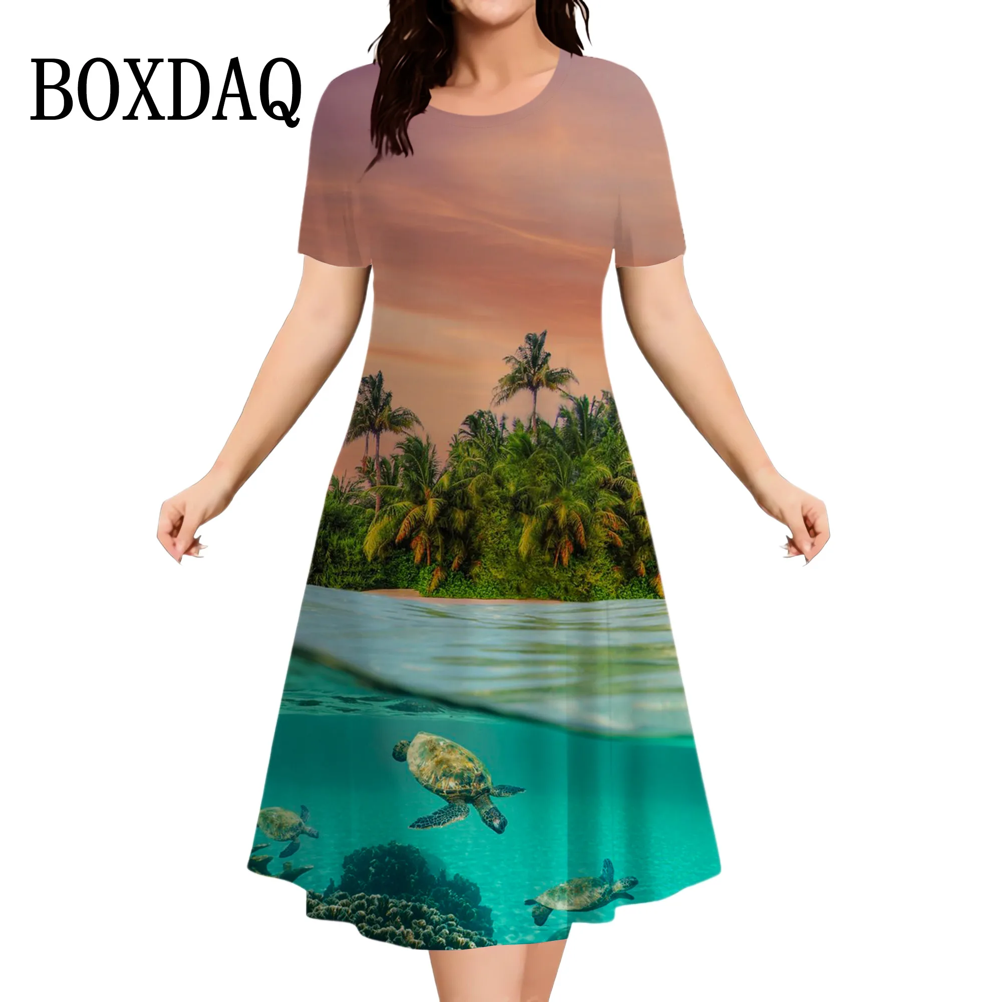 Summer Fashion Women Dresses Casual Round Neck Short-Sleeve Dolphin 3D Printing Dress Ladies Scenery Marine Animal Pattern Dress