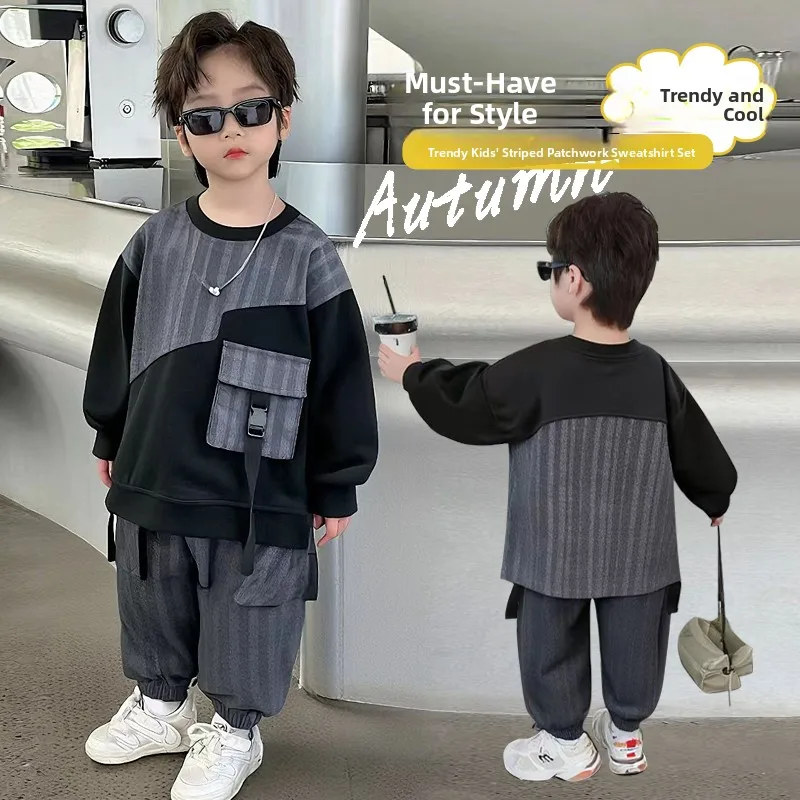 Teen Boy Faionable Casual Striped Patchwork Denim Sweatirt Set 2025 New Autumn Wear Two-Piece Outfit Trendy ort Sve