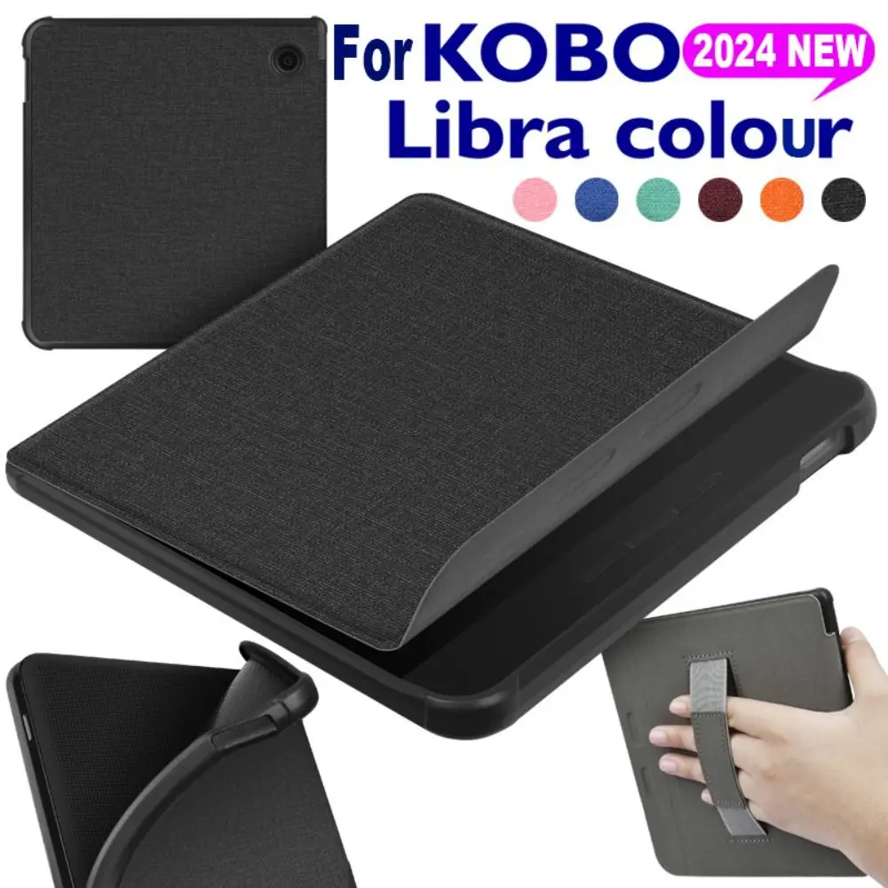 Hand Support 7 inch eReader Case TPU Auto Sleep/Wake TPU Funda Shockproof Linen Texture for Rakuten KOBO Libra Colour 2024