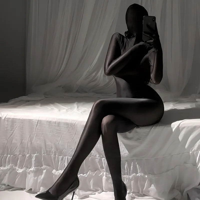 

Sexy Smooth and Silky Open Gear SM Female Oily Shiny and Silky, Sexy Transparent All-inclusive Bag Head Tight One-piece