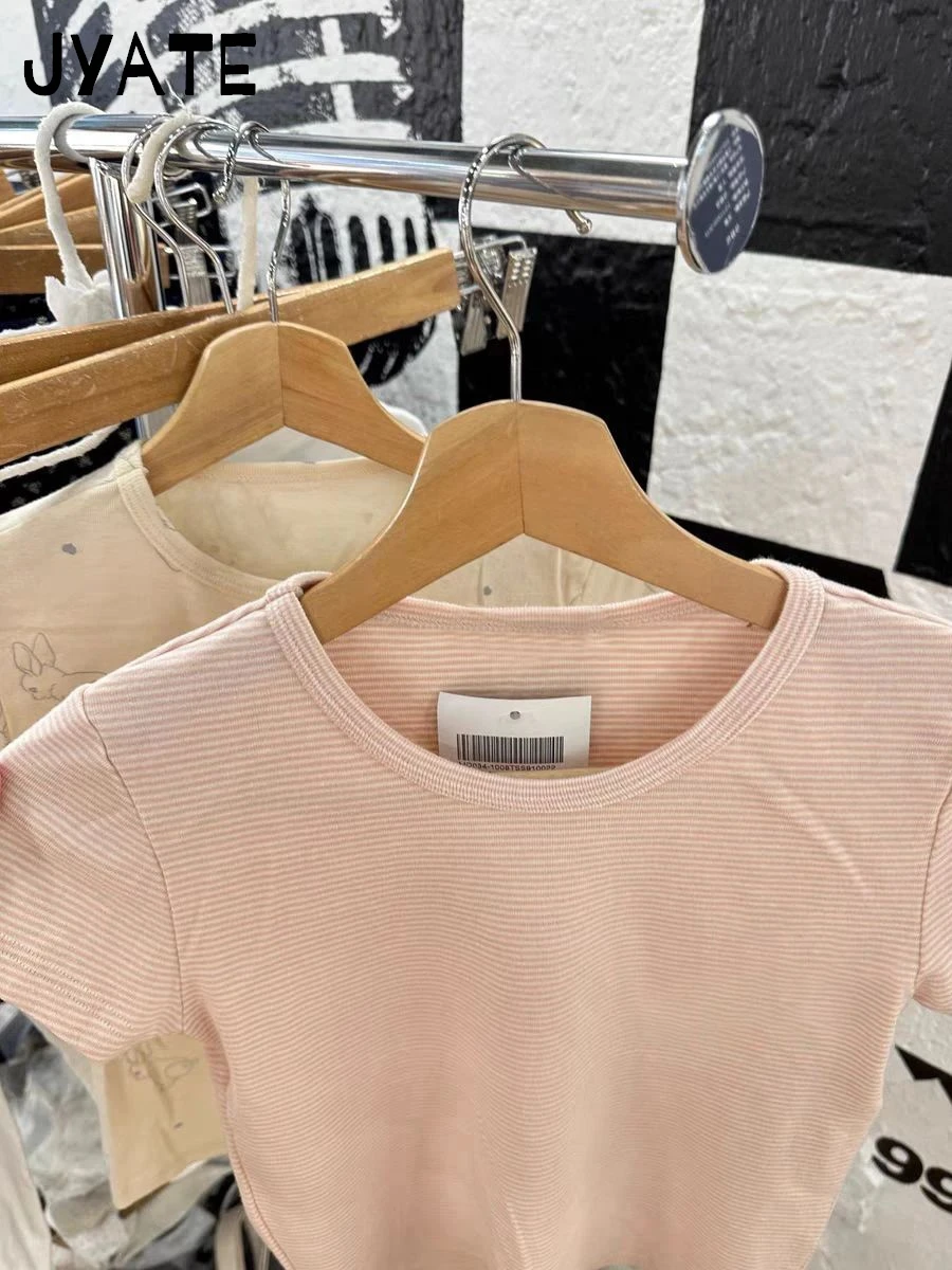

Sweet Pink Striped O-neck Cropped Tee Women Summer Cotton Soft New Casual Short Sleeve Tops Cute Vintage Streetwear T-shirts Y2K
