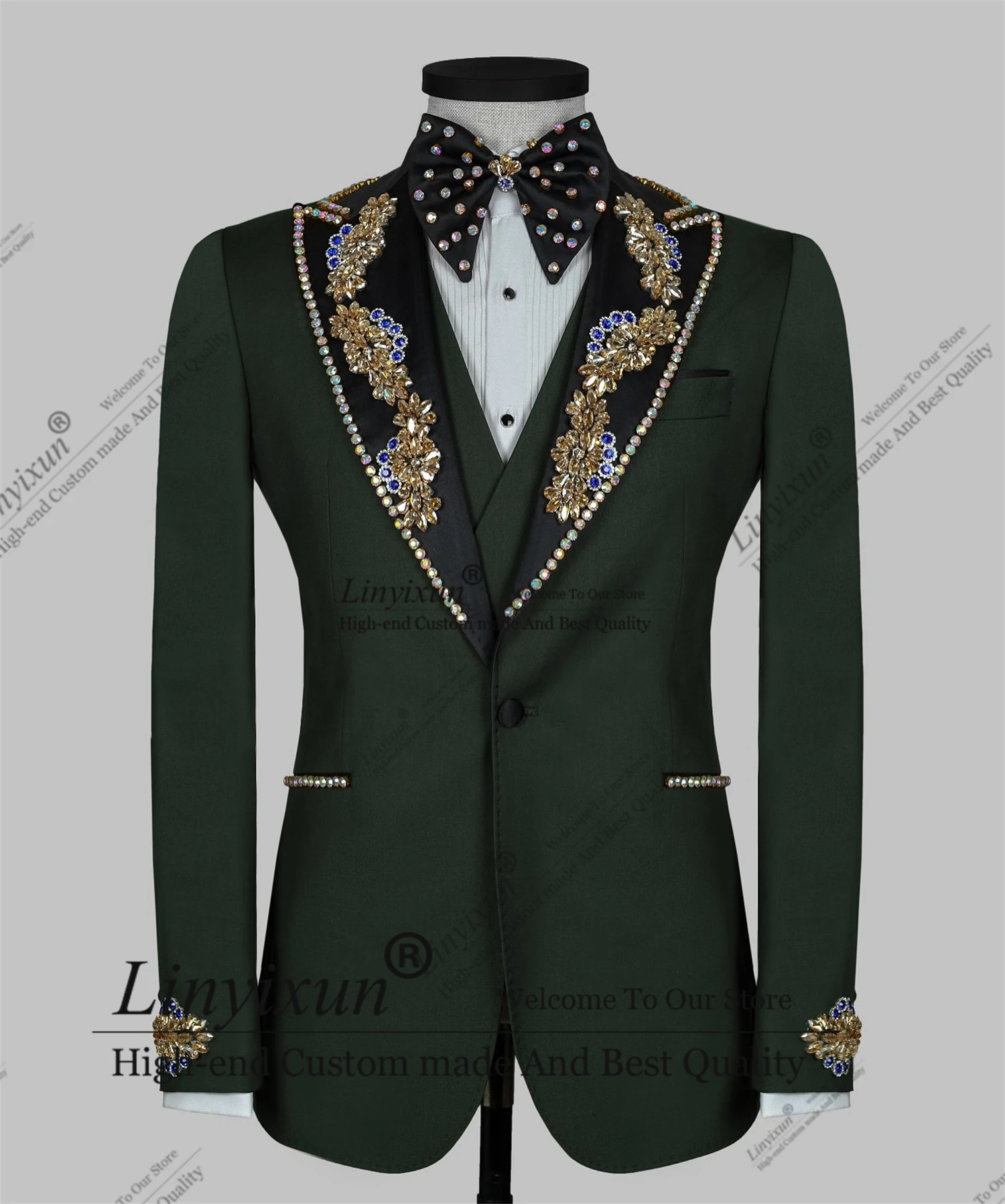 

Handsome Diamond Ornament Men Suit Customized Wedding Tuxedos 3 Pieces Sets Slim Groom Male Blazers Formal Business Ropa hombre