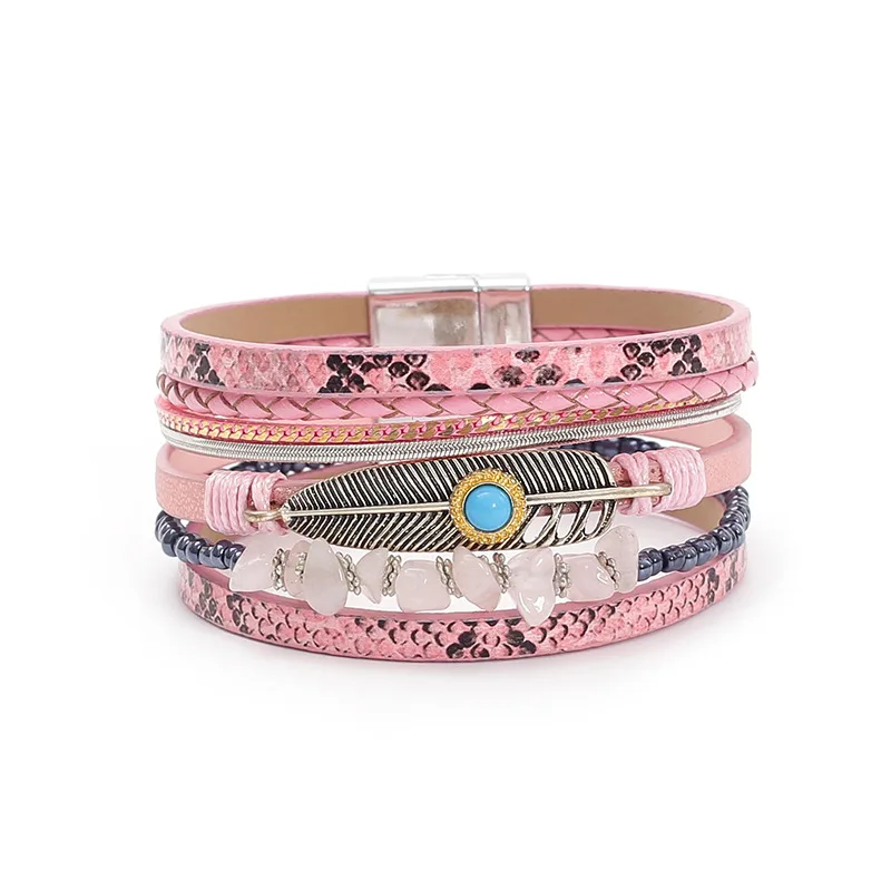 Bracelets en cuir de plumes à boucle magnétique Turquoise, Style bohème pour hommes et femmes, bijoux à la mode