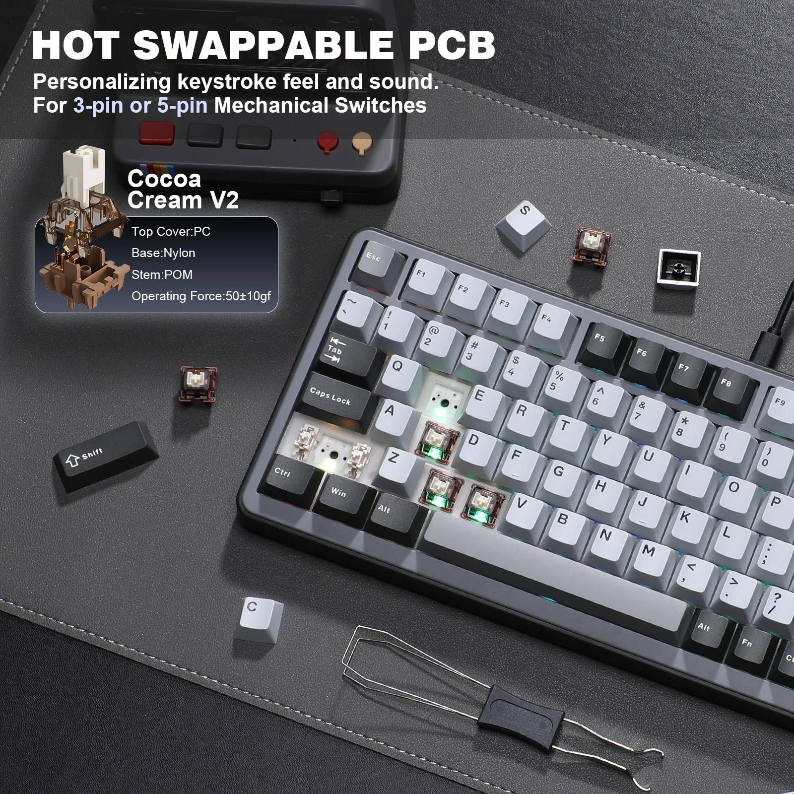 Imagem -04 - Pro Teclado Mecânico para Jogos Cinza Escuro 75 sem Fio Junta Hot Swap Rgb Personalizado bt Tipo-c 2.4g Botão Cremoso Yunzii-b75