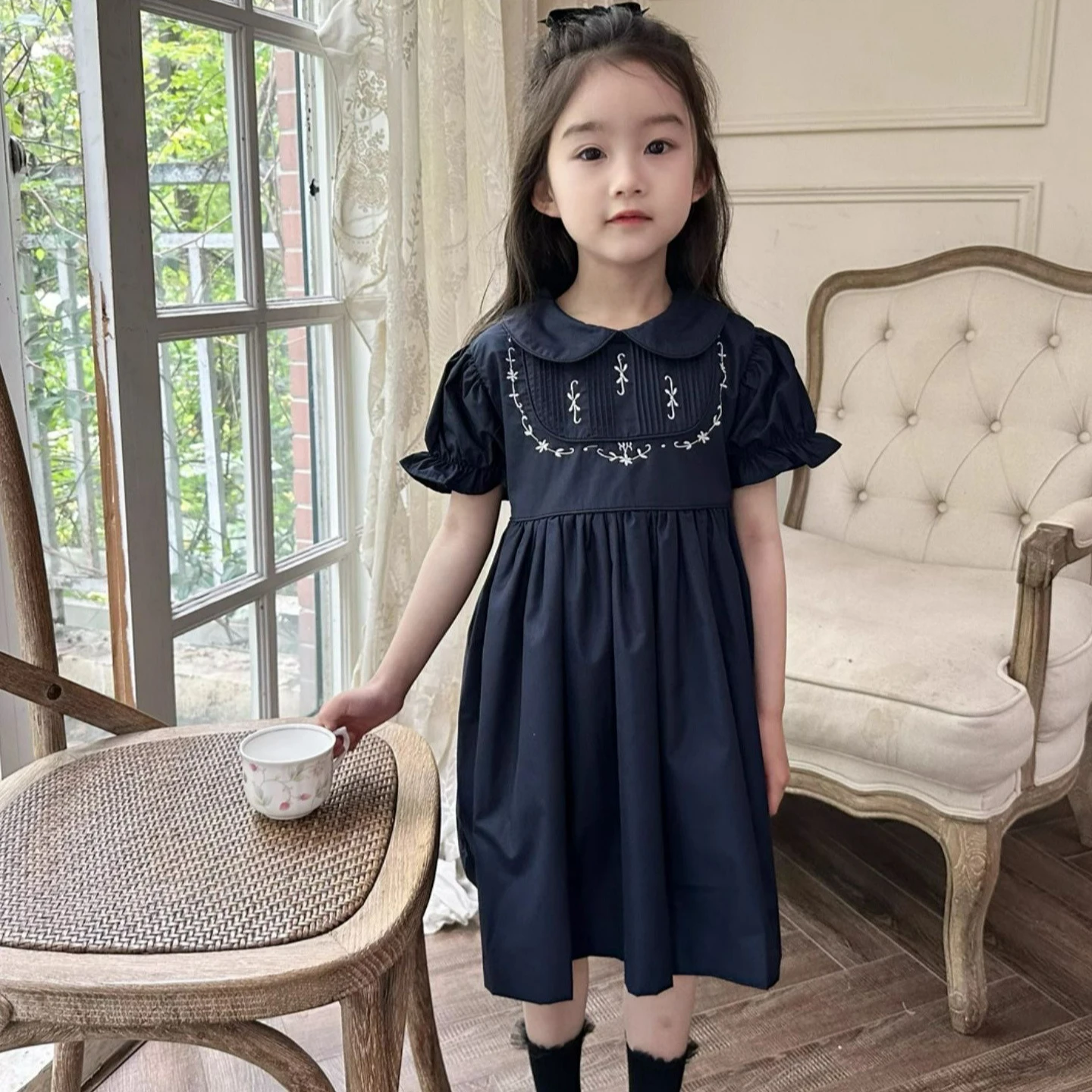 Girl\'s Navy Blue Embroidered Lapel Dress Back Tie 2025 Summer New Item for Baby Girls Retro Style Short Sleeved Princess Dress