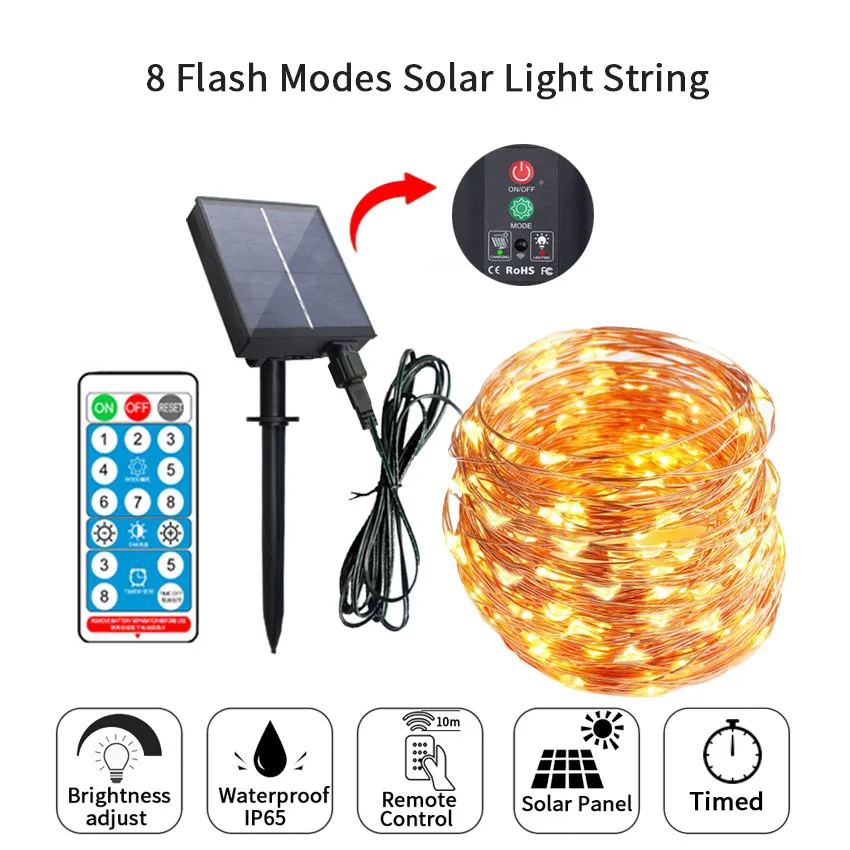 Solar Light Outdoor Fairy Led Garland Sensor Lamp String Remote Controller Dimming Timer Guirland Camping Balcony Decoration 10m