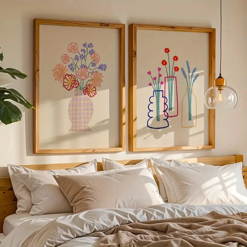 

2pcs/Set Retro Abstract Floral Wall Art Soft-toned Prints Vases Minimalist Line Posters Canvas Paintings Home Room Decoration