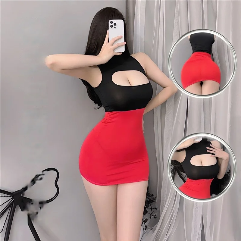 Bodycon Secretary Cosplay Dress Hollow Out Mock Collar Slim Uniform Costume For Women Party Halloween Role Play view 2