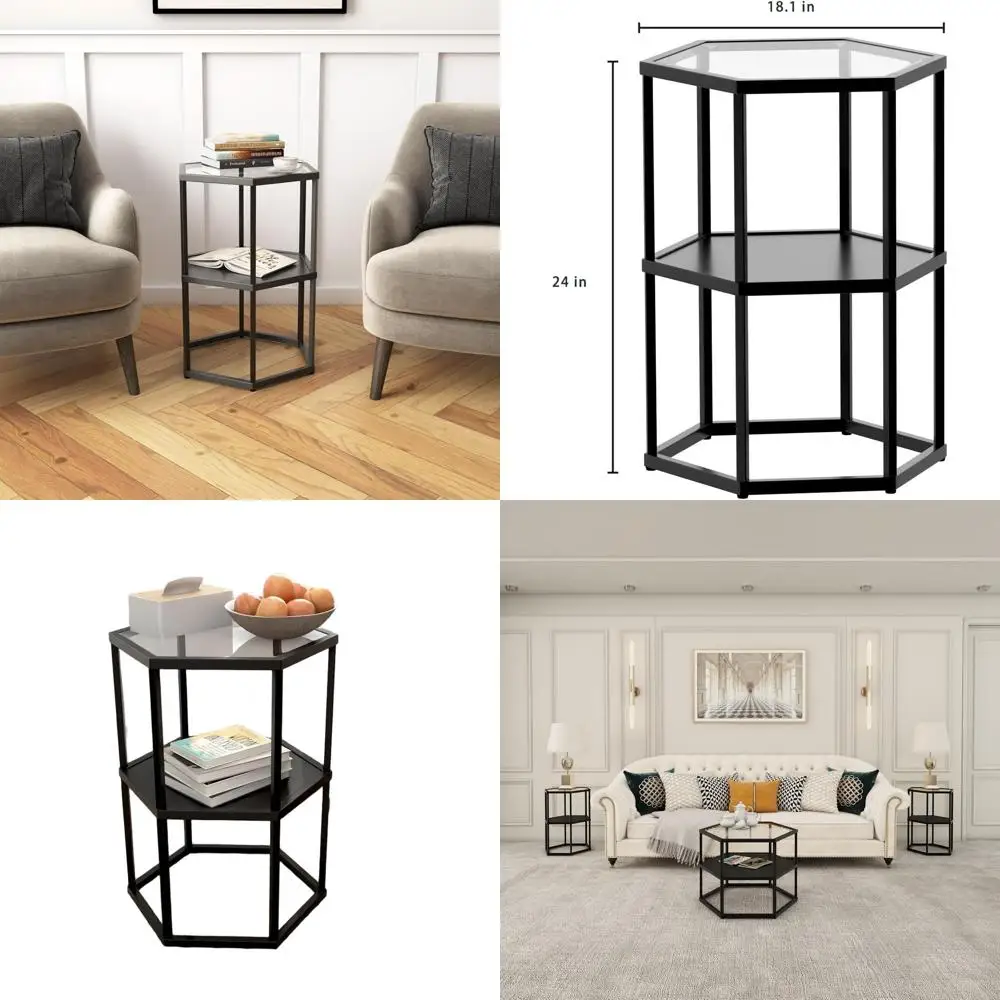 

Modern 2-Tier Glass End Table with Black Metal Frame, Space-Saving Side Table for Living Room, Office, and Bedroom