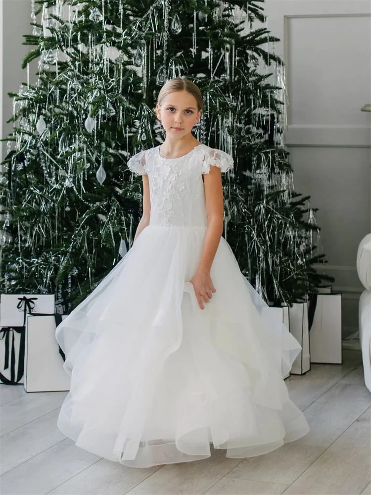 

New Arrival Round Neckline Appliques Lace Cap-Sleeves Tulle A-Line Flower Girl Dress Elegant Back Zipper Floor Length Gown 2024