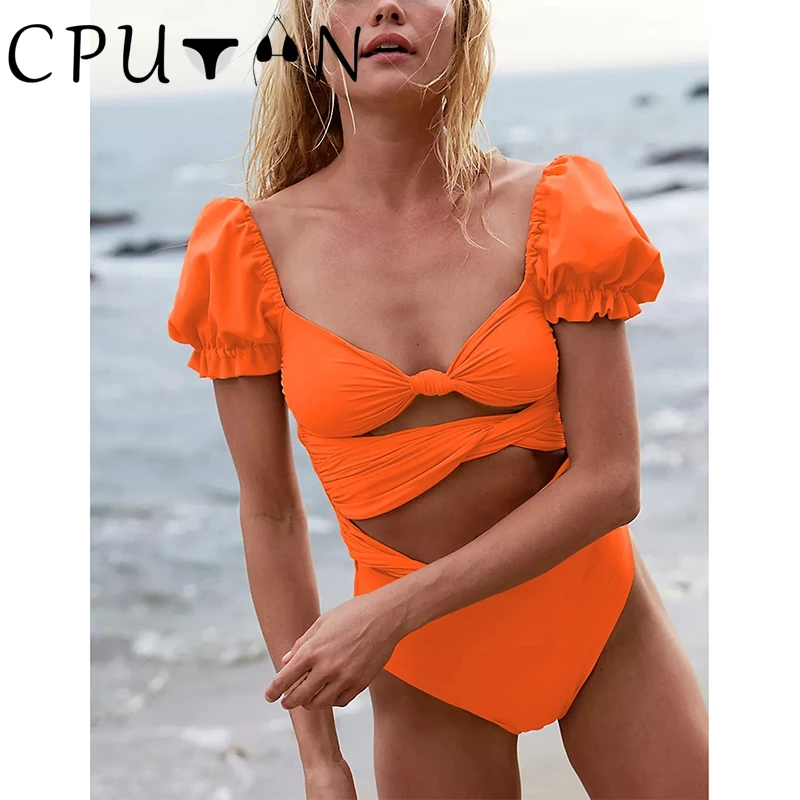 

CPUTAN Sexy One Piece Swimsuit Women Swimwear 2024 Luxury Brazilian Solid Vintage Orange Puff Sleeve Beachwear Bathing Suit