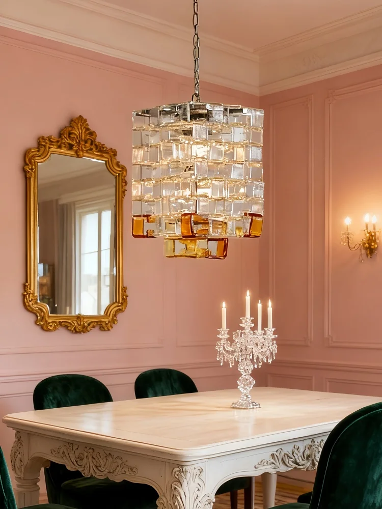 Sugar Cube Vintage Crystal Hanging Lamp for Living Room Dining Room Bedroom Indoor Decor French Murano Handmade Glass Chandelier