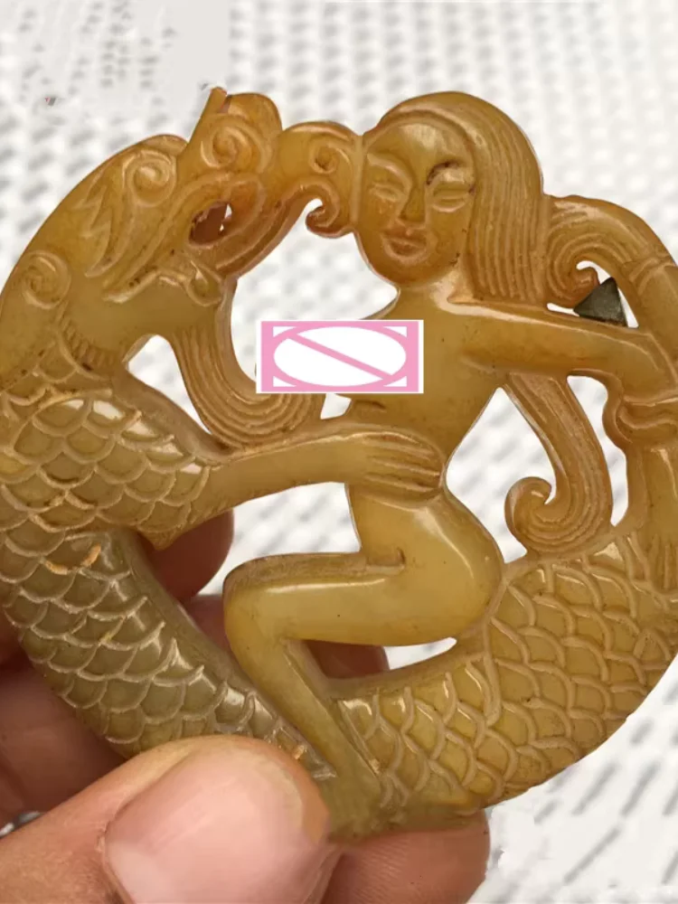 Ancient Xiuyu Old Jade Auspicious Dragon Beauty Statue Hand-Carved Jade Handle Piece Chinese