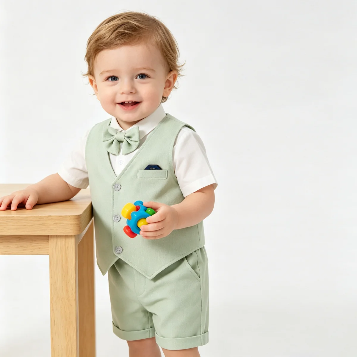 Baby Boys Sage Green Vest Short Sleeve Shirt Bow Tie Shorts 4pcs Clothes Set Kids Wedding Birthday Gentleman Formal Suit Set