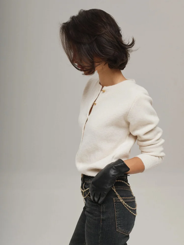 

Solid Color Fashion Round Neck Knitted Cardigan Sweater Women Long Sleeved Single Breasted Short Top Lady Commute Street Outwear