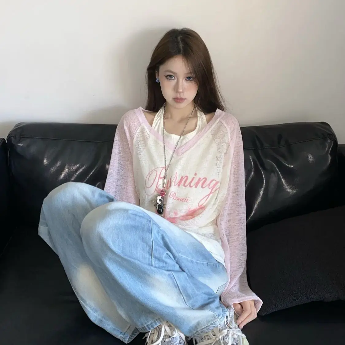 長袖 T シャツ女性用レディース秋レギュラーパッチポケットパッチワークボタン付きラペルチェック柄プリーツオールマッチ弾性 Tシャツ